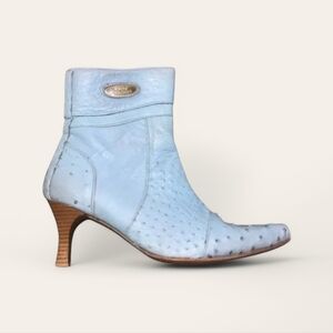 White Diamonds Ostrich Leather Side Zip Heeled Western Boot in Powder Blue